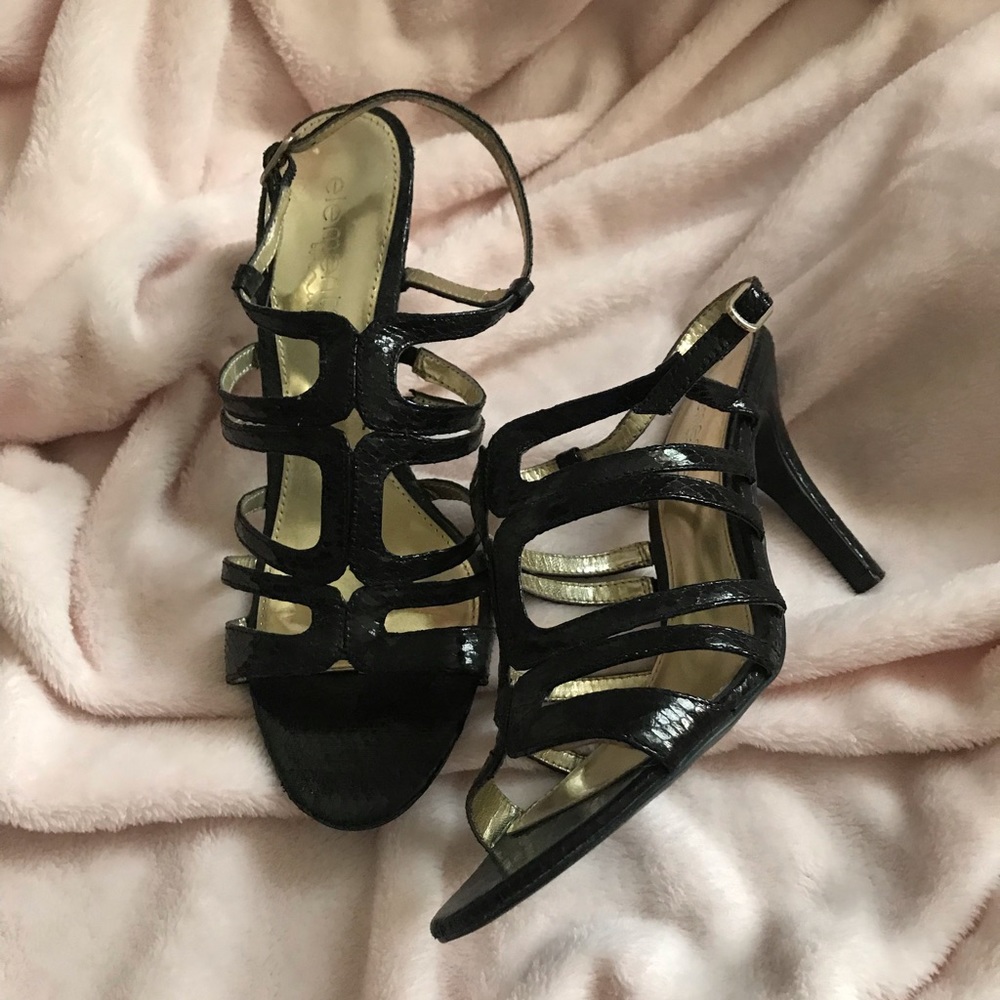 Black strappy snakeskin heels